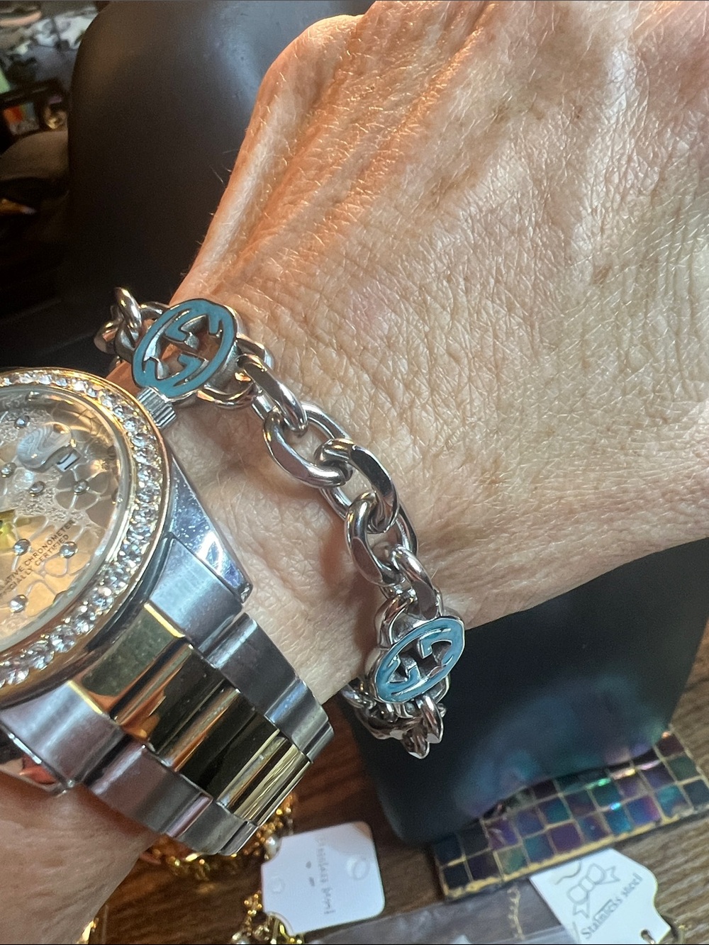 Silver Link Bracelet with Turquoise Accent Discs